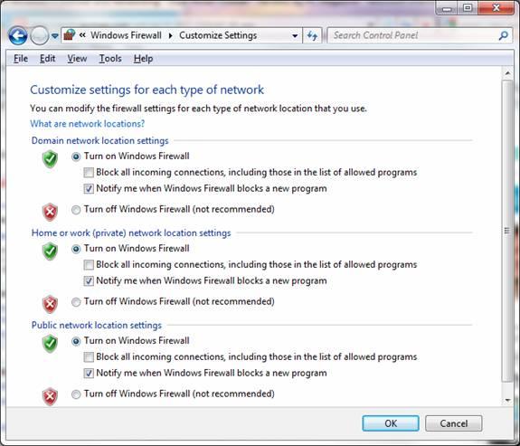 Windows 7 firewall settings